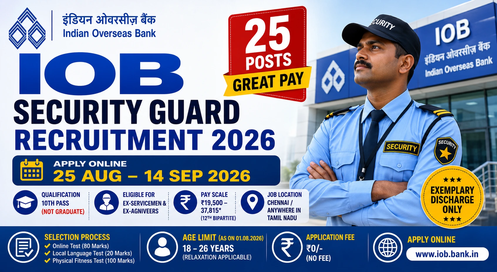 Indian Overseas Bank Recruitment 2026: Apply Online for 25 Security Guard Posts (Salary up to ₹37,815)