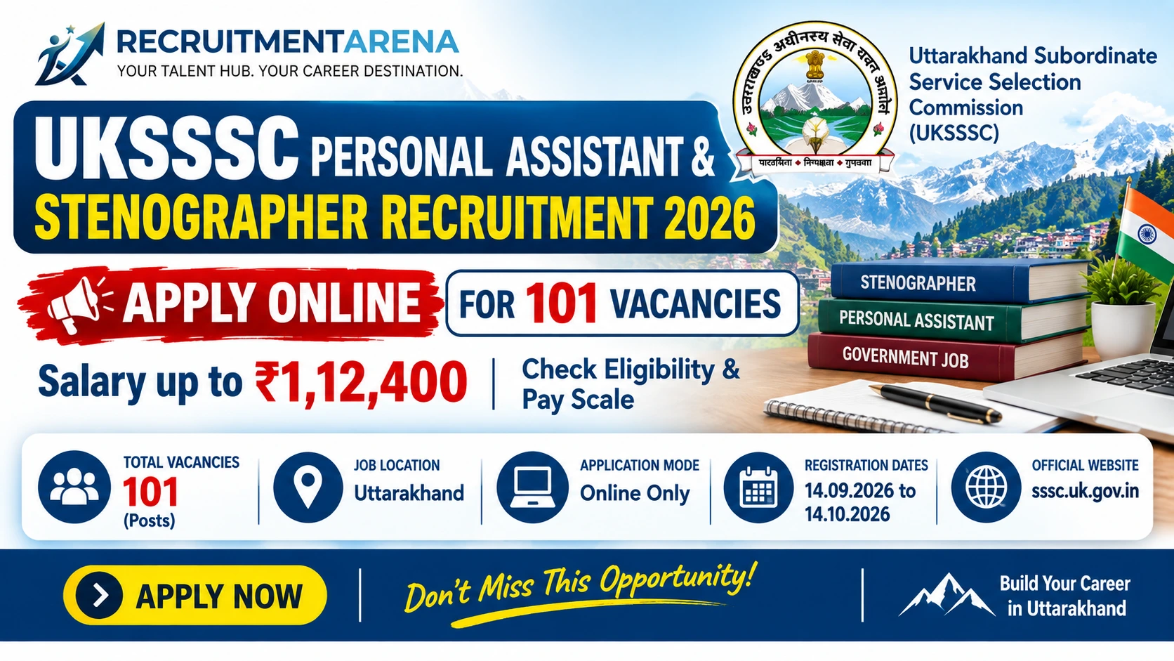UKSSSC Personal Assistant Recruitment 2026: Apply Online for 101 Stenographer Posts, Check Salary & Eligibility
