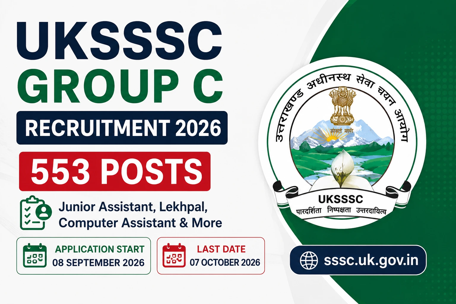 Uttarakhand Group C Bharti 2026: UKSSSC 553 Junior Assistant, Lekhpal & Various Posts Apply Online | Pay Scale Up to ₹92,300