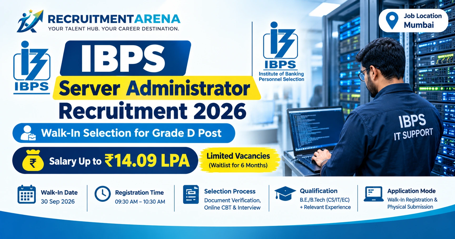 IBPS Server Administrator Recruitment 2026: Walk-In Selection for Grade D Post, Salary CTC ₹14.09 Lakhs, Check Eligibility & Process