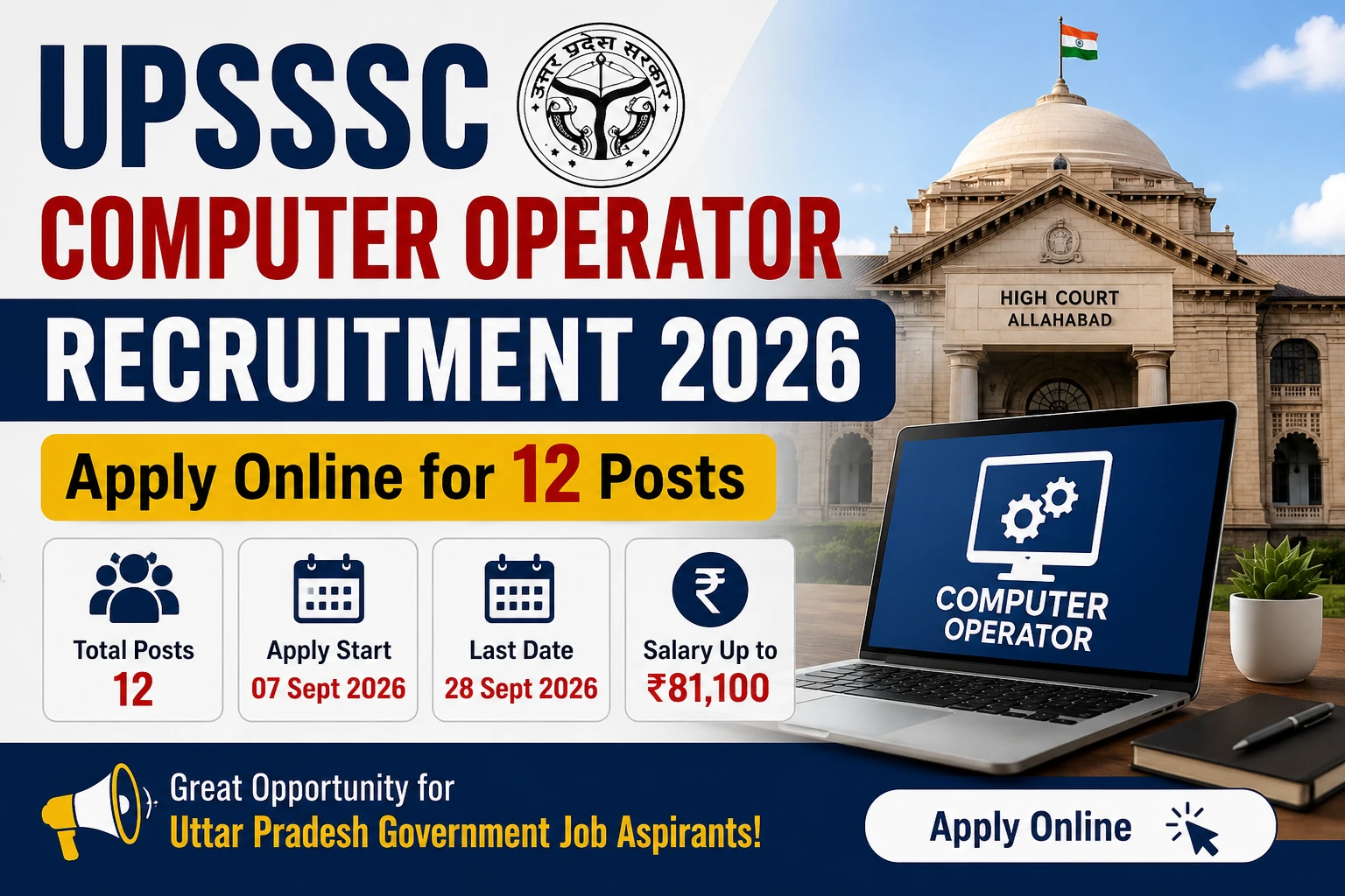 UPSSSC Computer Operator Recruitment 2026: Apply Online for 12 Posts, Salary Up to ₹81,100
