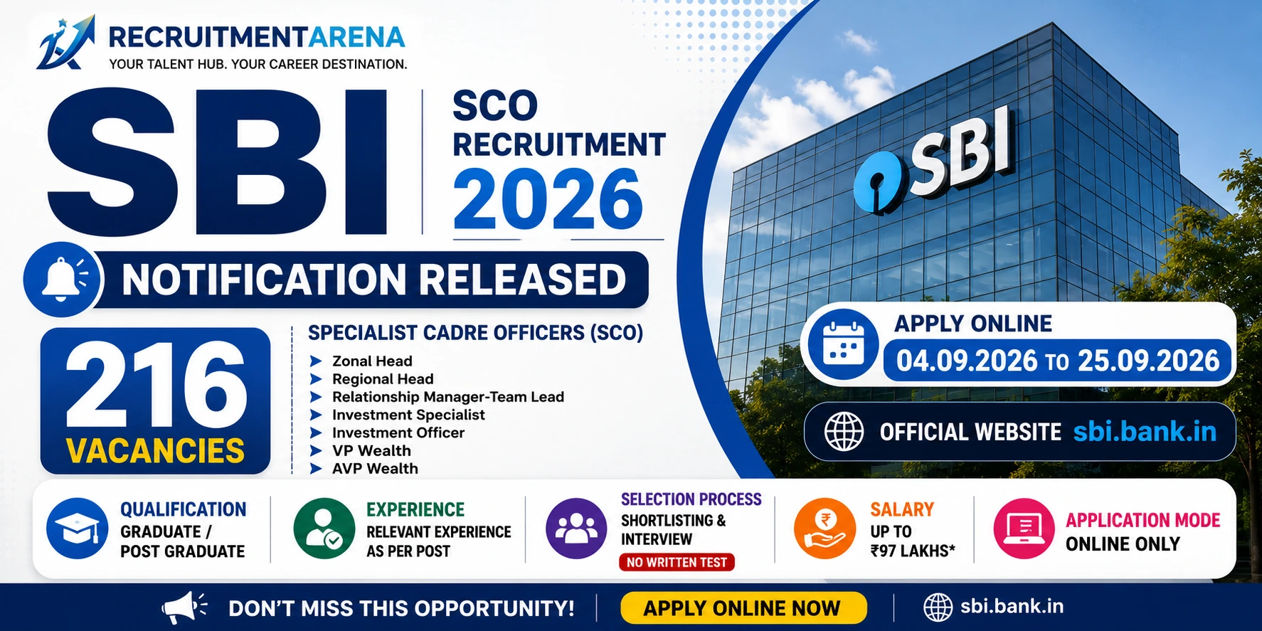 SBI SCO Recruitment 2026: Apply Online for 216 Specialist Officer Posts (Salary up to ₹97 Lakhs)
