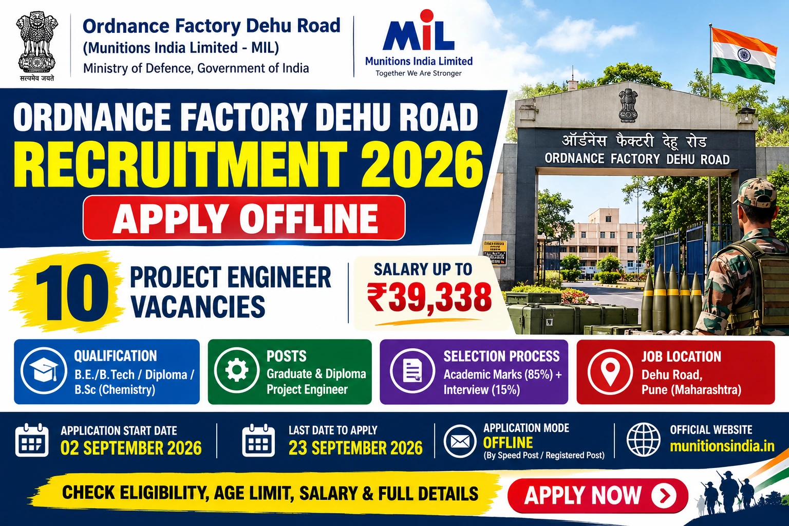 Ordnance Factory Dehu Road Recruitment 2026: Apply Offline for 10 Project Engineer Vacancies, Salary up to ₹39,338
